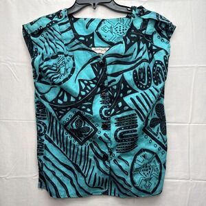 Vintage‎ 80's Artsy Short Sleeve Button Up Boho Blouse Top Shirt Size 8 USA